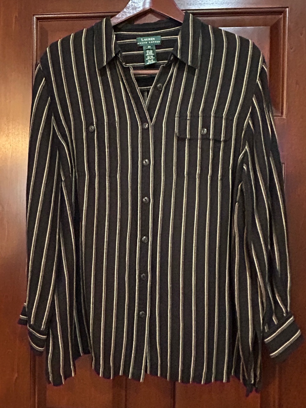 Lauren Ralph Lauren 2X Silk Linen Striped Button Front Blouse Plus Size